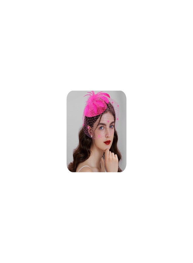 LOREMOW Fascinator for Women 20s 50s Hat with Veil Mesh Feathers Tea Party Hair Clip Fascinator and Lace Glove Hot Pink - Image 1
